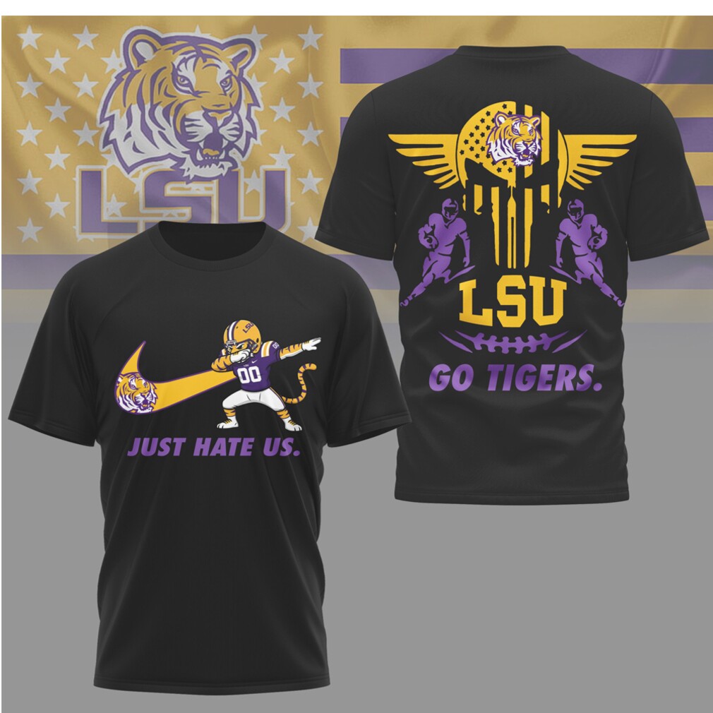LSU Tigers Just Hate Us Dabbing Mascot & Winged Skull Graphic T Shirt LSU Tigers Just Hate Us Dabbing Mascot & Winged Skull Graphic T Shirt