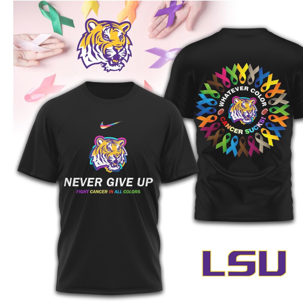 LSU Tigers Never Give Up Cancer Awareness MultiColor Ribbon Purple Gold T Shirt LSU Tigers Never Give Up Cancer Awareness MultiColor Ribbon Purple Gold T Shirt