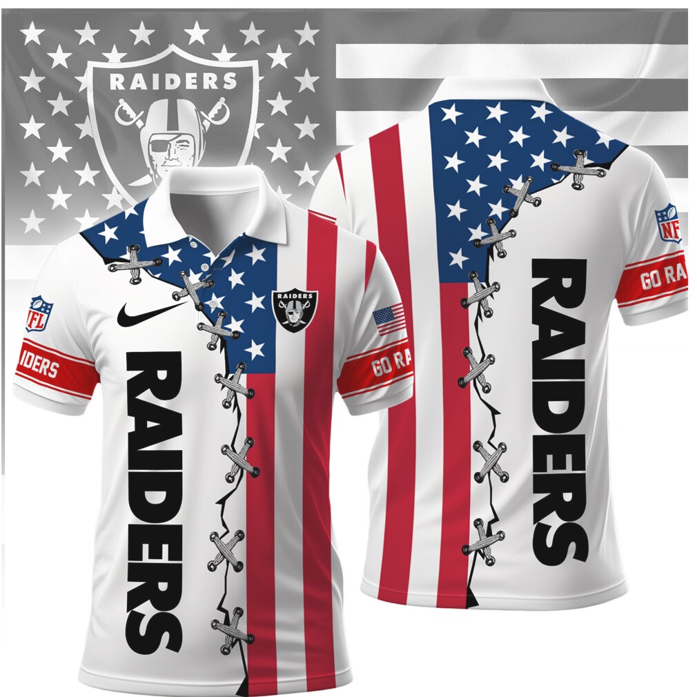 Las Vegas Raiders American Flag Laced Style Polo Shirt Las Vegas Raiders American Flag Laced Style Polo Shirt