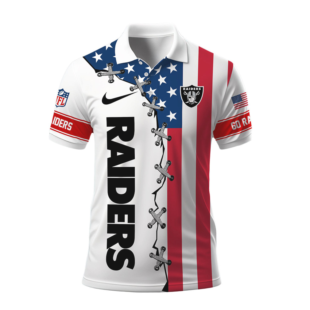 Las Vegas Raiders American Flag Laced Style Polo Shirt Las Vegas Raiders American Flag Laced Style Polo Shirt