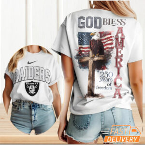 Las Vegas Raiders God Bless America 250 Years of Freedom Eagle Cross T Shirt