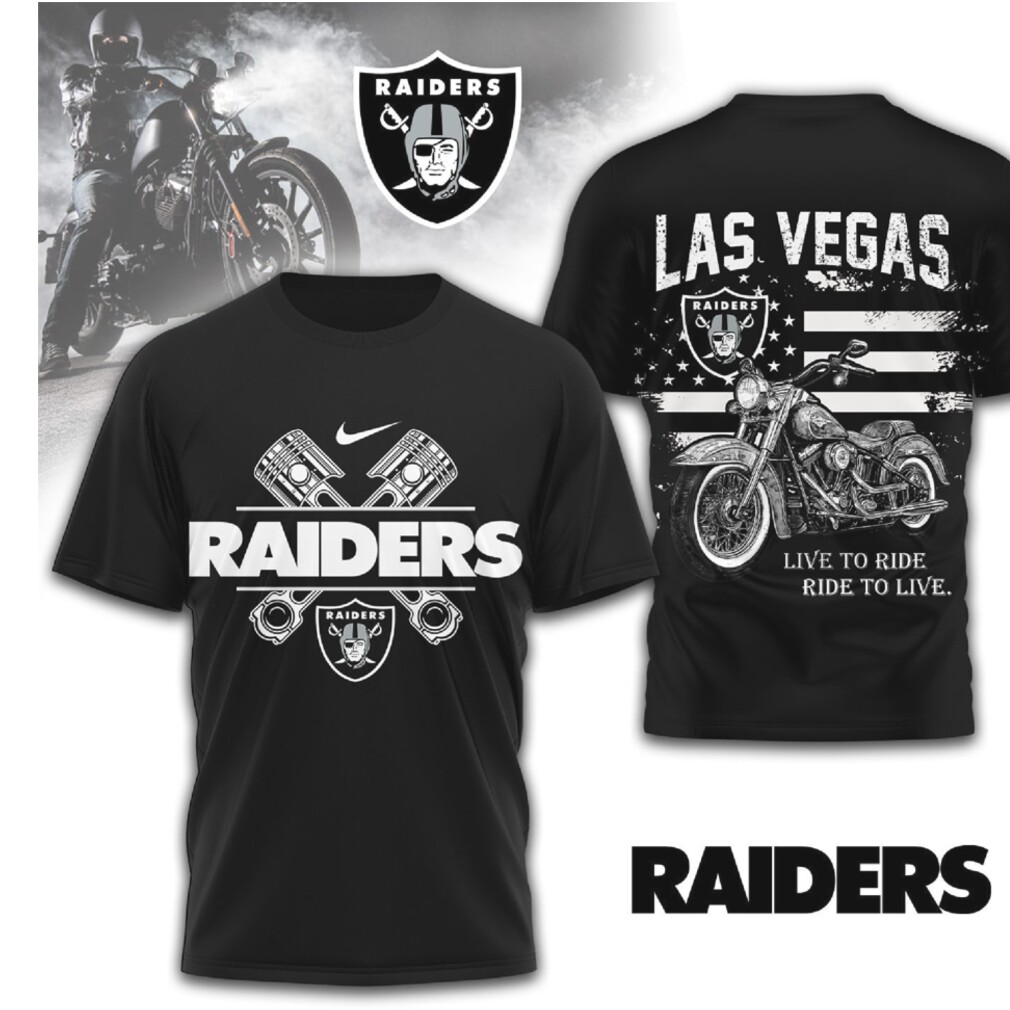 Las Vegas Raiders Motorcycle Biker Live to Ride Black Silver NFL T Shirt Las Vegas Raiders Motorcycle Biker Live to Ride Black Silver NFL T Shirt
