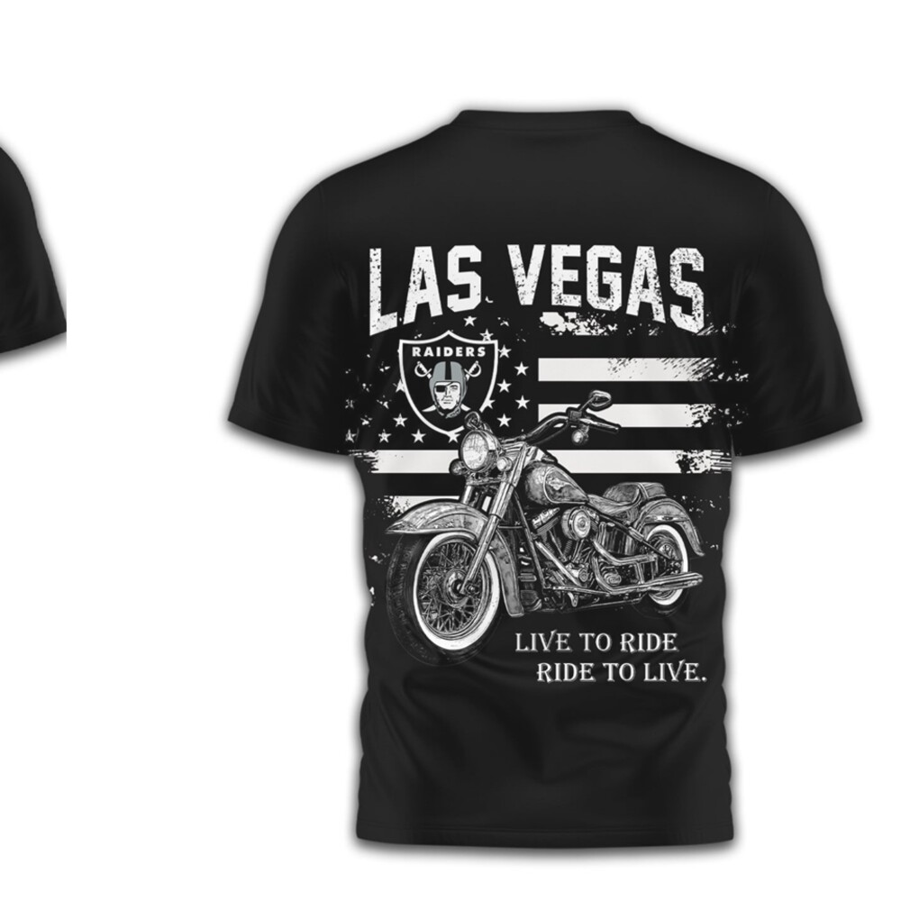 Las Vegas Raiders Motorcycle Biker Live to Ride Black Silver NFL T Shirt Las Vegas Raiders Motorcycle Biker Live to Ride Black Silver NFL T Shirt