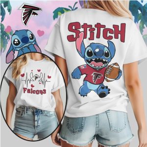 Lilo & Stitch Atlanta Falcons Football Fan Stitch Heartbeat Design Black T Shirt