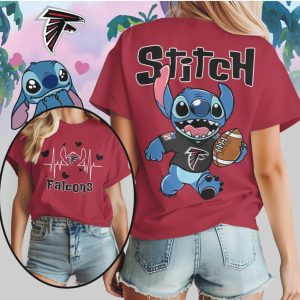 Lilo & Stitch Atlanta Falcons Football Fan Stitch Heartbeat Design Black T Shirt