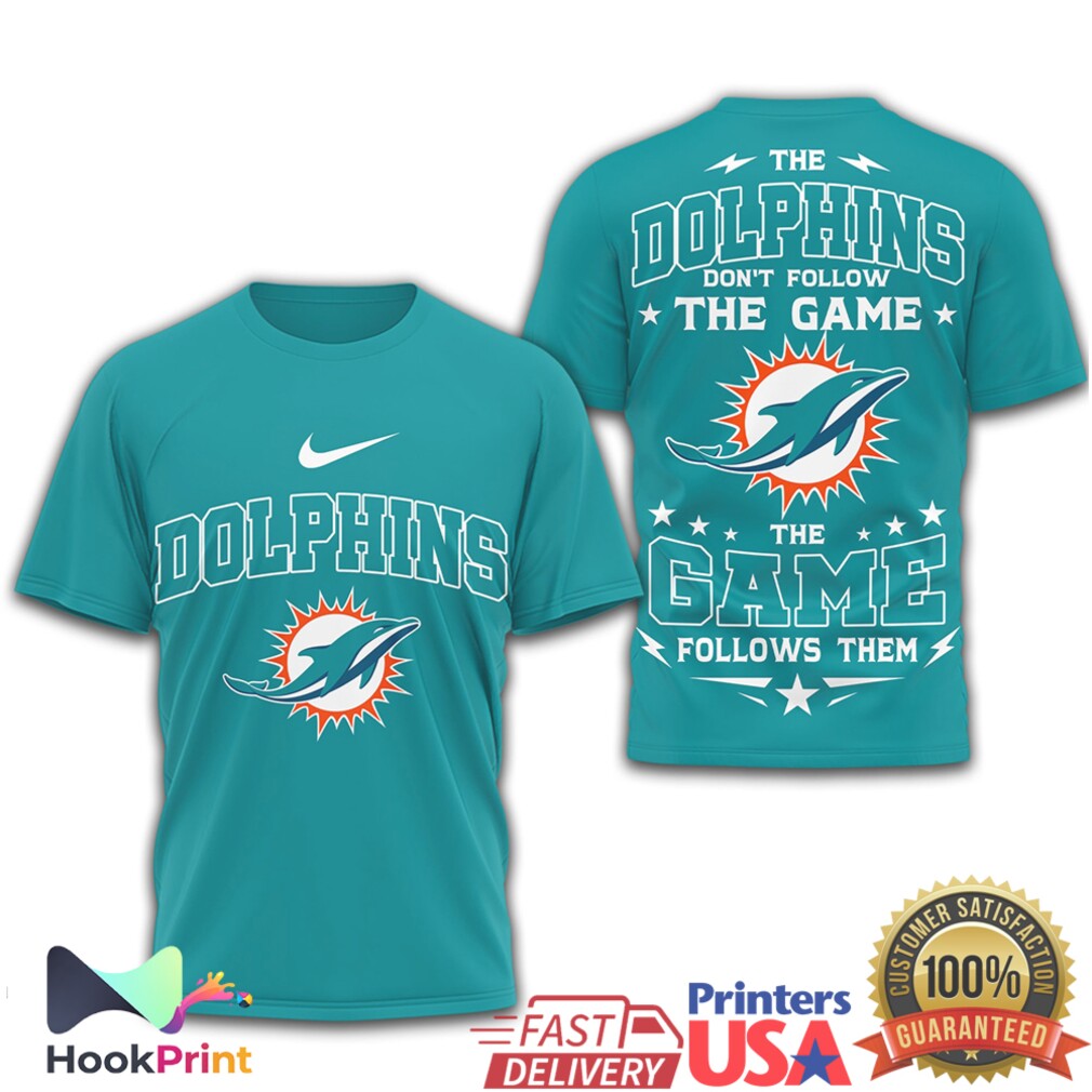 Miami Dolphins The Game Follows Them Aqua & White Football Shirt Miami Dolphins The Game Follows Them Aqua & White Football Shirt