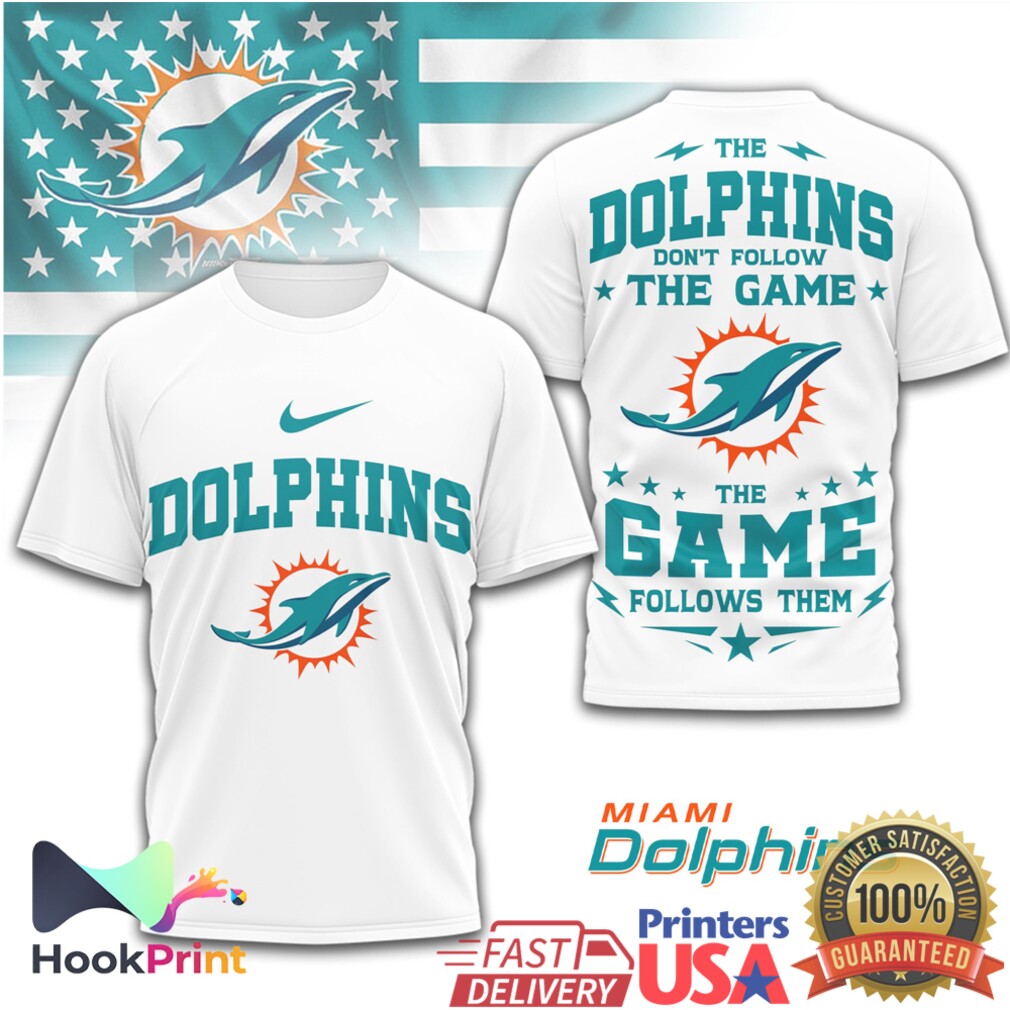 Miami Dolphins The Game Follows Them Aqua & White Football Shirt Miami Dolphins The Game Follows Them Aqua & White Football Shirt