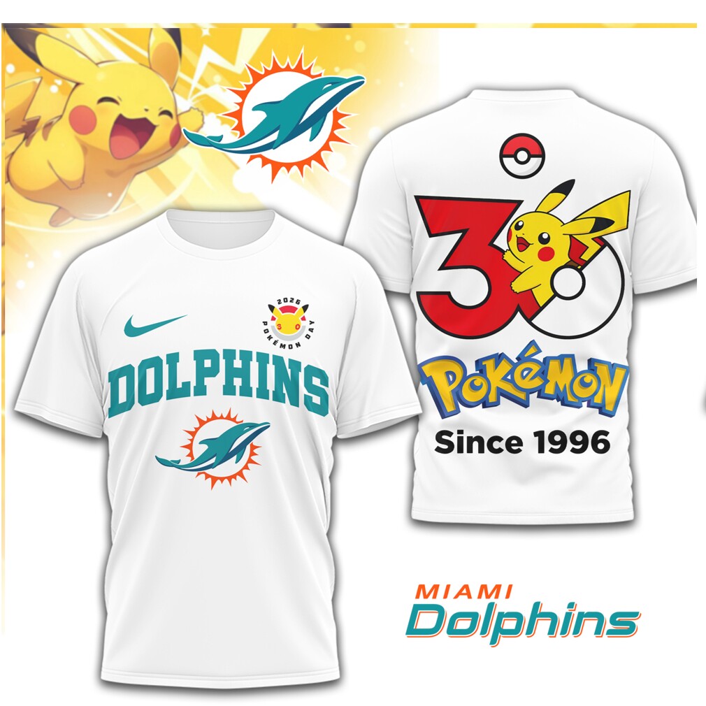 Miami Dolphins x Pokemon Pikachu 30th Anniversary Limited Edition Graphic T Shirt Miami Dolphins x Pokemon Pikachu 30th Anniversary Limited Edition Graphic T Shirt