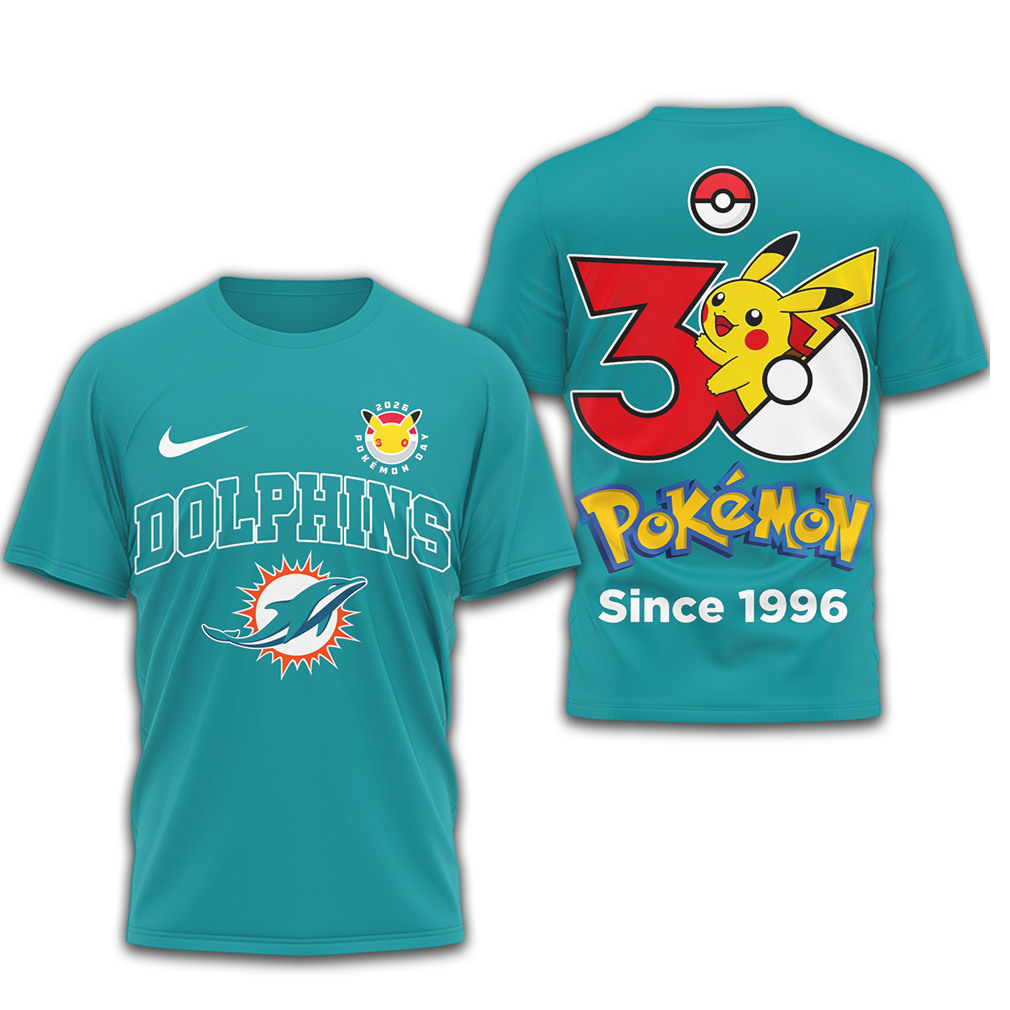 Miami Dolphins x Pokemon Pikachu 30th Anniversary Limited Edition Graphic T Shirt Miami Dolphins x Pokemon Pikachu 30th Anniversary Limited Edition Graphic T Shirt