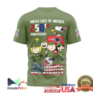 New England Patriots Snoopy 250th Anniversary USA Military Green T Shirt