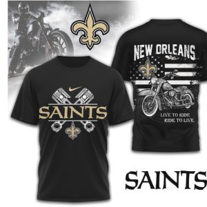 New Orleans Saints Biker NFL Motorcycle Piston Design Black Gold Football T Shirt