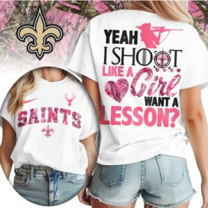 New Orleans Saints Shoot Like a Girl Pink Camo Hunting NFL Football T Shirt New Orleans Saints Shoot Like a Girl Pink Camo Hunting NFL Football T Shirt
