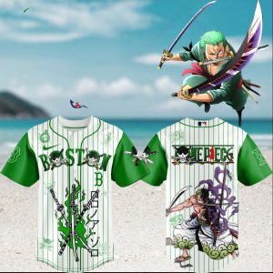 One Piece Roronoa Zoro x Boston Red Sox Baseball Green Pinstripe Anime Gear Shirt One Piece Roronoa Zoro x Boston Red Sox Baseball Green Pinstripe Anime Gear Shirt
