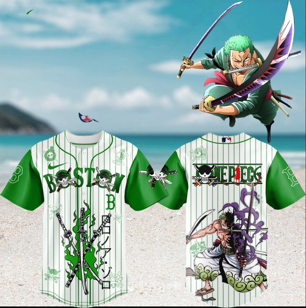 One Piece Roronoa Zoro x Boston Red Sox Baseball Green Pinstripe Anime Gear Shirt One Piece Roronoa Zoro x Boston Red Sox Baseball Green Pinstripe Anime Gear Shirt