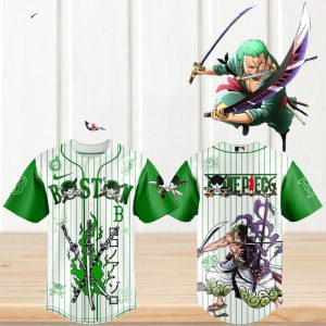 One Piece Roronoa Zoro x Boston Red Sox Baseball Green Pinstripe Anime Gear Shirt