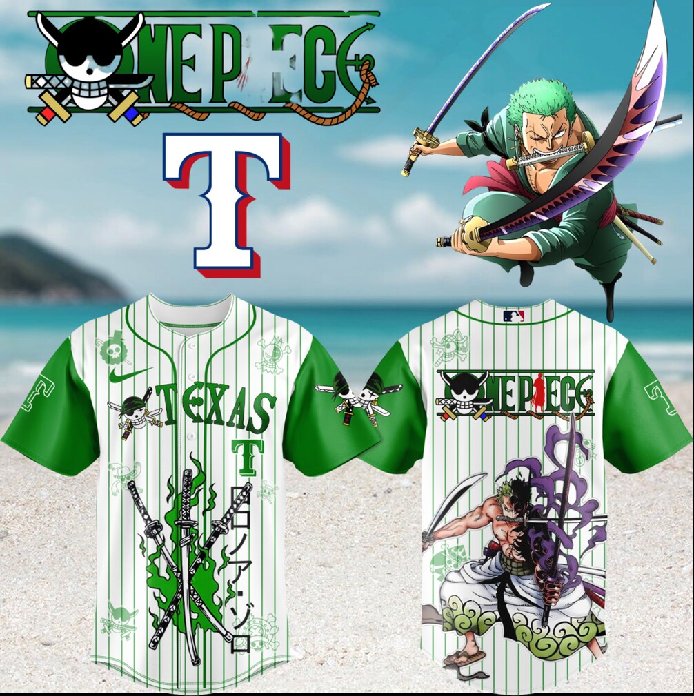 One Piece Roronoa Zoro x Texas Rangers Baseball Green Pinstripe Anime T Shirt One Piece Roronoa Zoro x Texas Rangers Baseball Green Pinstripe Anime T Shirt