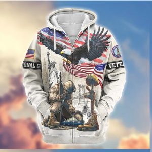 Patriotic Kneeling Soldier Eagle Statue of Liberty 3D Veteran Hoodie
