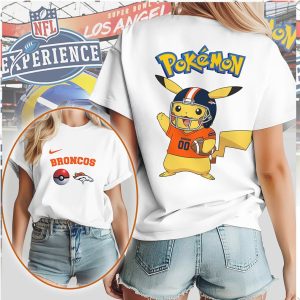 Pikachu Denver Broncos NFL Football White T Shirt