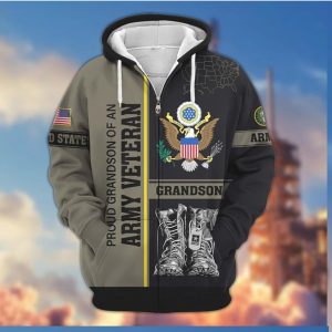 Proud Grandson Of An Army Veteran Eagle Crest 3D All Over Print Hoodie