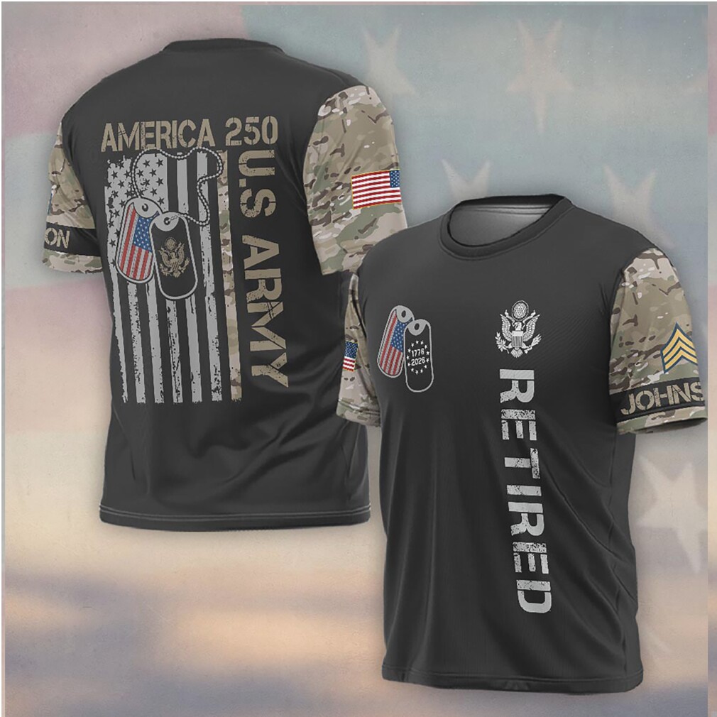 Retired US Army America 250th Anniversary Camo Sleeve Military Dog Tag T Shirt Retired US Army America 250th Anniversary Camo Sleeve Military Dog Tag T Shirt