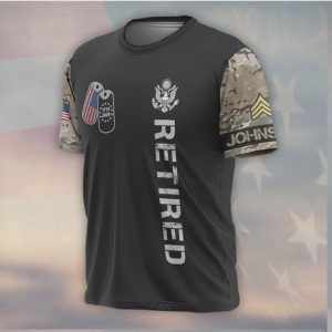 Retired US Army America 250th Anniversary Camo Sleeve Military Dog Tag T Shirt
