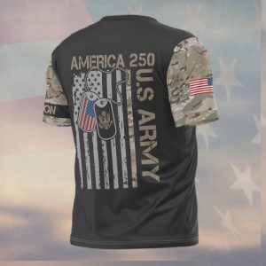 Retired US Army America 250th Anniversary Camo Sleeve Military Dog Tag T Shirt