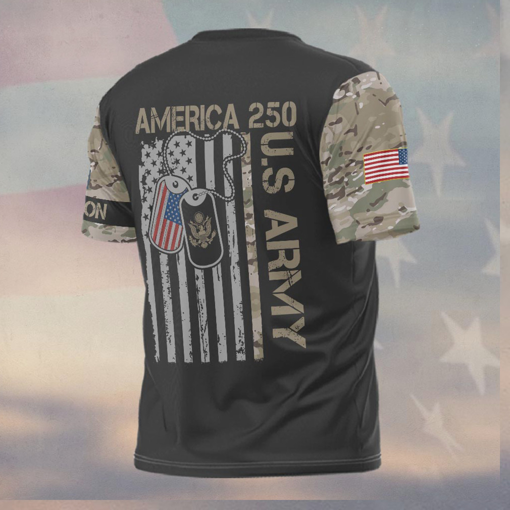 Retired US Army America 250th Anniversary Camo Sleeve Military Dog Tag T Shirt Retired US Army America 250th Anniversary Camo Sleeve Military Dog Tag T Shirt