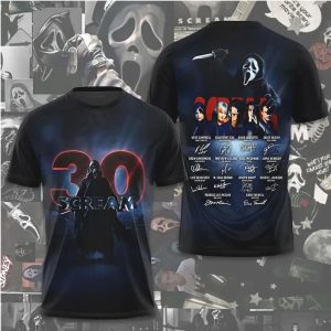 Scream 30th Anniversary Cast Photo Autograph Neon Blue Horror T Shirt