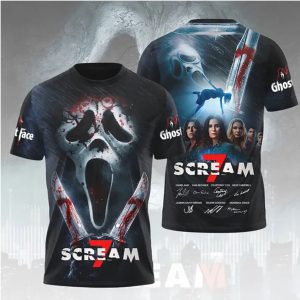 Scream 7 Bloody Ghostface Mask Dual Knife Signature Horror Fan Gear T Shirt