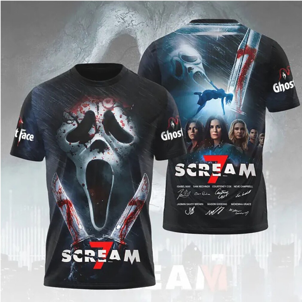 Scream 7 Bloody Ghostface Mask Dual Knife Signature Horror Fan Gear T Shirt Scream 7 Bloody Ghostface Mask Dual Knife Signature Horror Fan Gear T Shirt