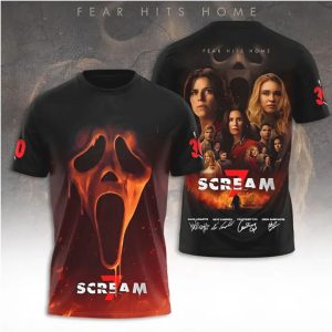 Scream 7 Flaming Ghostface Mask 30th Anniversary 3D Print T Shirt