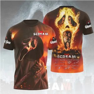 Scream 7 Ghostface Fire Mask Horror Movie Cast Signature T Shirt