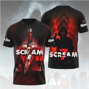 Scream 7 Ghostface Silhouette Bloody Knife 3D Printed T Shirt