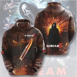 Scream 7 Movie Poster All Over Print Ghostface Fire Knife Design T Shirt Scream 7 Movie Poster All Over Print Ghostface Fire Knife Design T Shirt