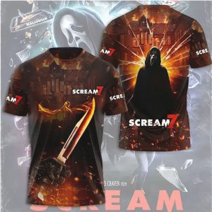 Scream 7 Movie Poster All Over Print Ghostface Fire Knife Design T Shirt
