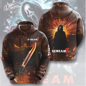 Scream 7 Movie Poster All Over Print Ghostface Fire Knife Design T Shirt