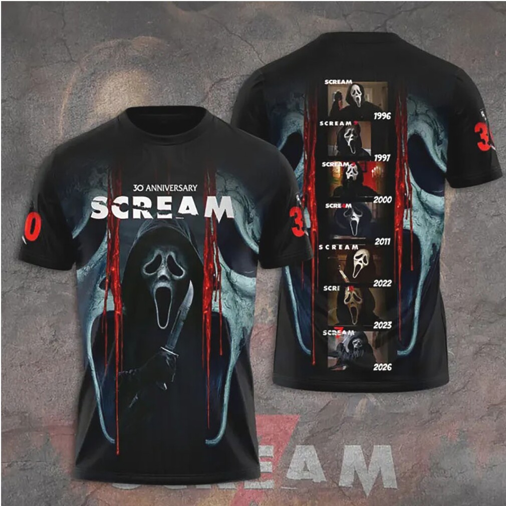 Scream Timeline 1996 2026 Ghostface Evolution 30th Anniversary 3D T Shirt Scream Timeline 1996 2026 Ghostface Evolution 30th Anniversary 3D T Shirt