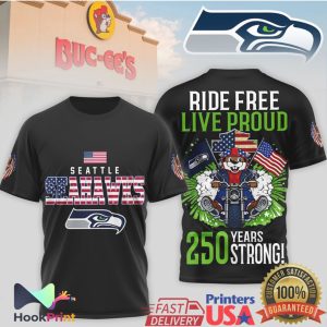 Seattle Seahawks Buc ee's Biker Ride Free Live Proud 250 Years Strong T Shirt