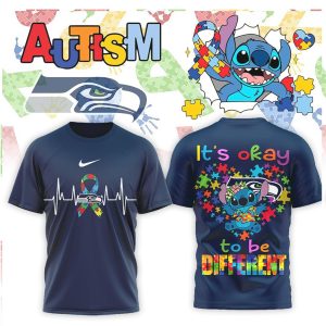 Seattle Seahawks Stitch Autism Awareness Heartbeat It's Okay To Be Different Shirt