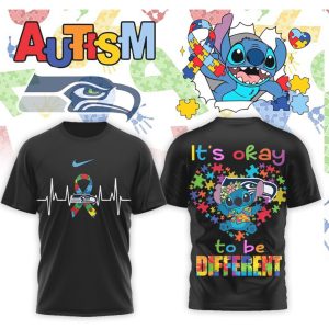 Seattle Seahawks Stitch Autism Awareness Heartbeat It's Okay To Be Different Shirt