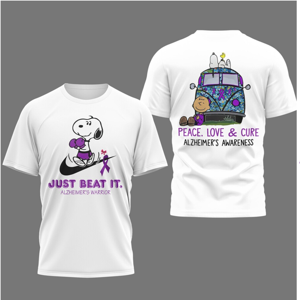 Snoopy Alzheimer's Awareness Just Beat It Peace Love Cure Purple Ribbon Shirt Snoopy Alzheimer's Awareness Just Beat It Peace Love Cure Purple Ribbon Shirt