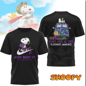 Snoopy Alzheimer's Awareness Just Beat It Peace Love Cure Purple Ribbon Shirt