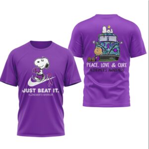 Snoopy Alzheimer's Awareness Just Beat It Peace Love Cure Purple Ribbon Shirt