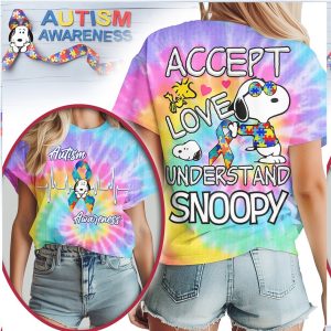 Snoopy Autism Awareness Accept Love Understand Puzzle Ribbon Graphic Shirt