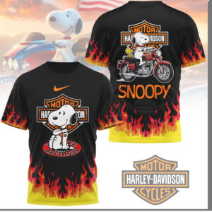 Snoopy Harley Davidson Motor Cycles Flame Graphic T Shirt