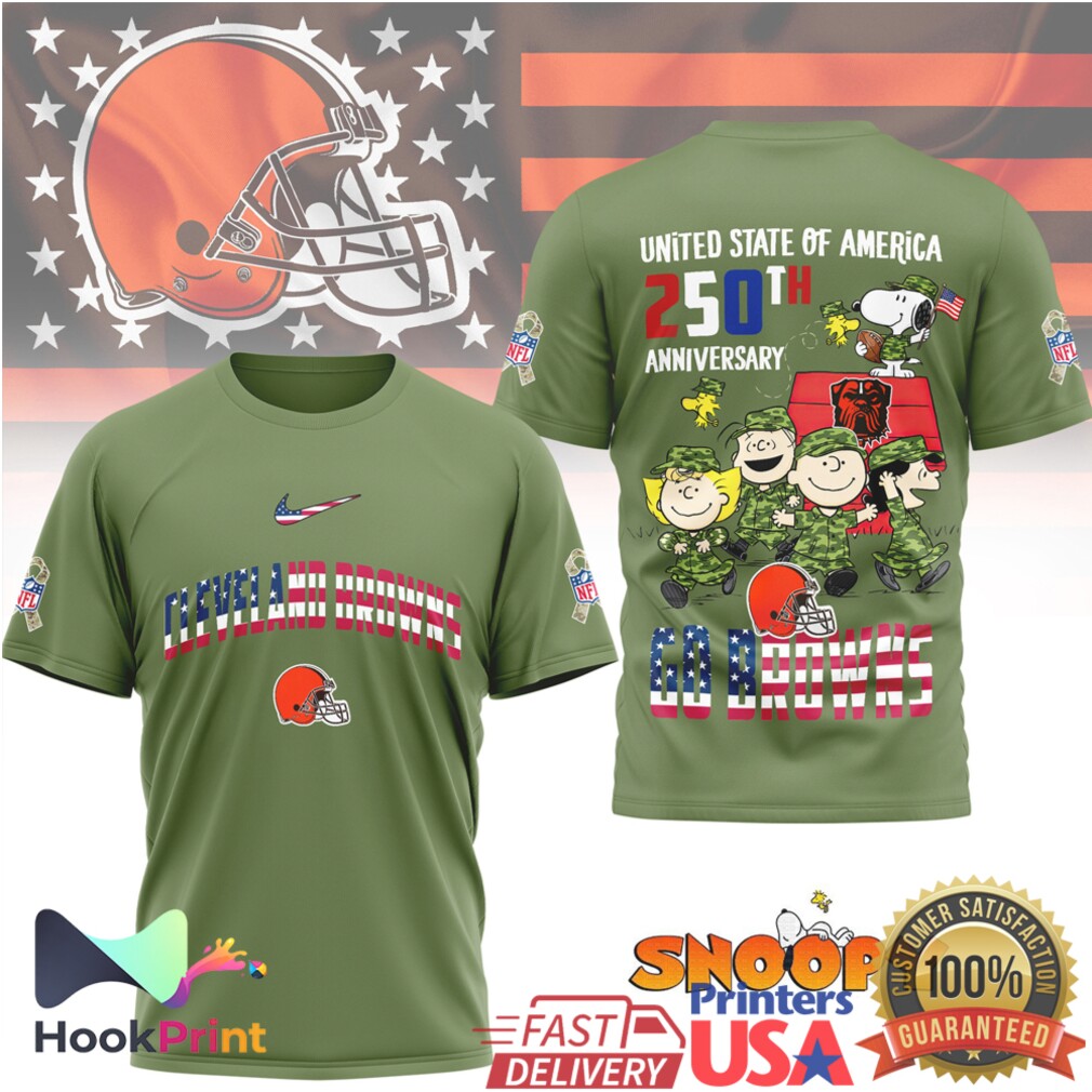 Snoopy Peanuts Cleveland Browns USA 250th Anniversary Military Olive T Shirt Snoopy Peanuts Cleveland Browns USA 250th Anniversary Military Olive T Shirt