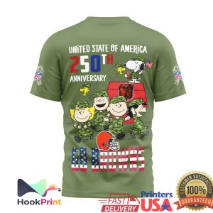 Snoopy Peanuts Cleveland Browns USA 250th Anniversary Military Olive T Shirt