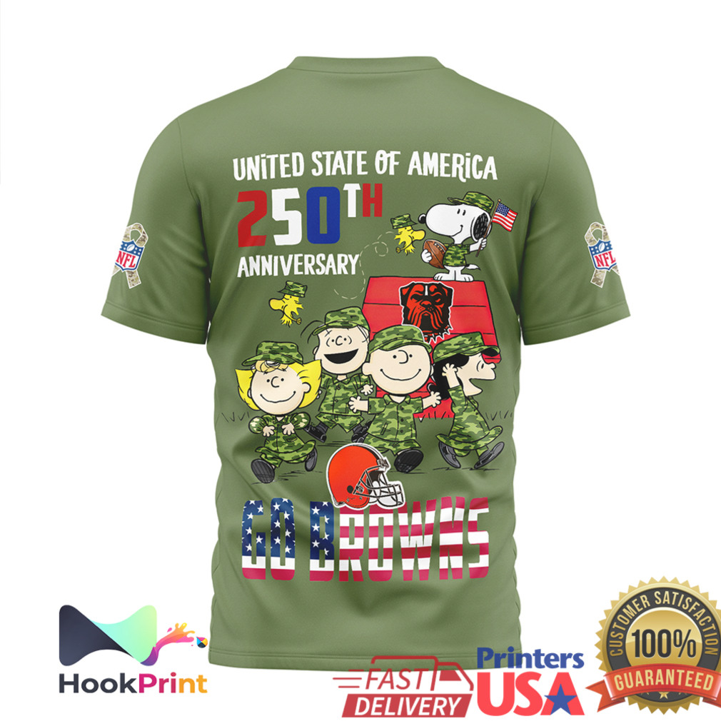 Snoopy Peanuts Cleveland Browns USA 250th Anniversary Military Olive T Shirt Snoopy Peanuts Cleveland Browns USA 250th Anniversary Military Olive T Shirt