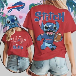 Stitch Buffalo Bills Football Heartbeat Graphic Blue Red Cute Character Fan T Shirt