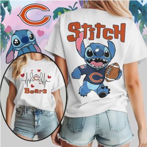 Stitch Chicago Bears Football Heartbeat Sport Navy Orange Cute Fan Apparel T Shirt